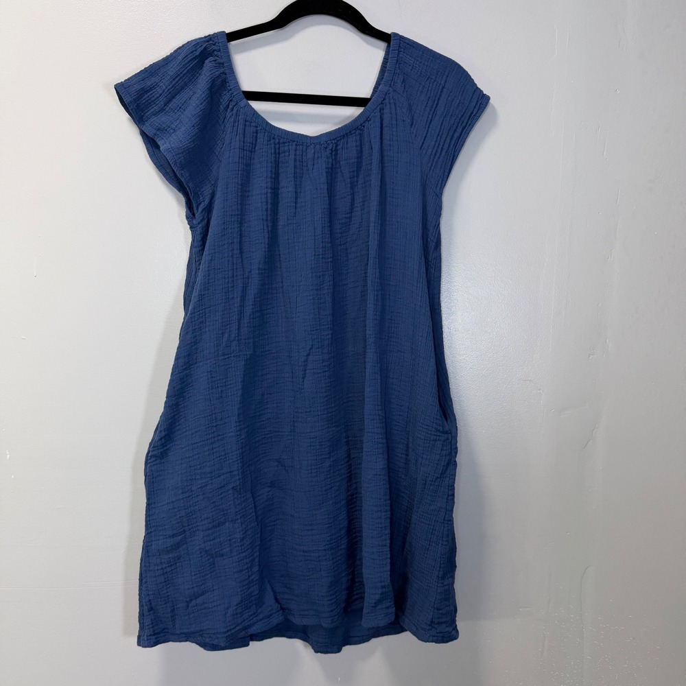 Wonderly Blue Cotton Gauze Flutter Sleeve Pocket Mini Lightweight Dress PS